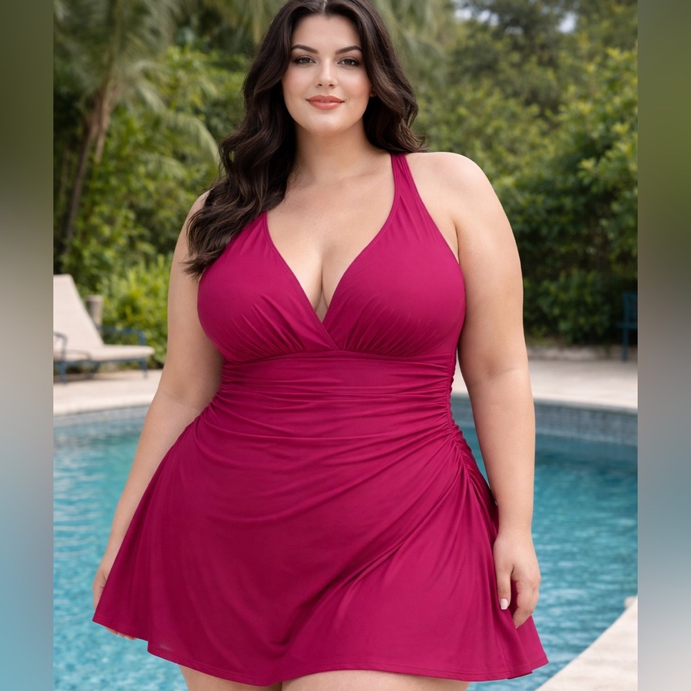 XL V-Neck Swimdress in Berry
